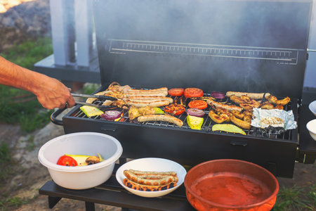 Grill sausages and vegetables. Selective focus. Food.
