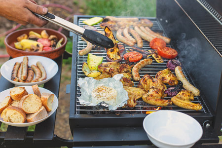 Grill sausages and vegetables. Selective focus. Food.の写真素材