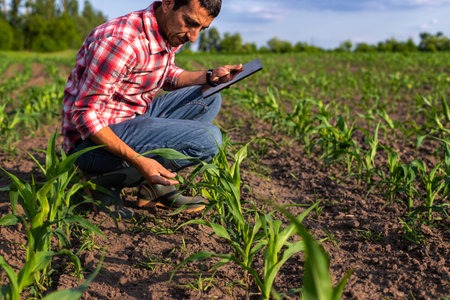 Corn sprouts on the field grow in the hands of the farmer. Selective focus. Nature.の写真素材