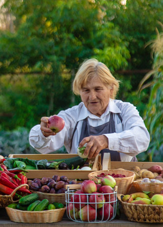 old woman farmer sells vegetables and fruits at the farmers market. Selective focus. food.の写真素材