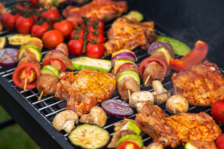 Vegetables and meat are grilled. Selective focus. Food.の写真素材