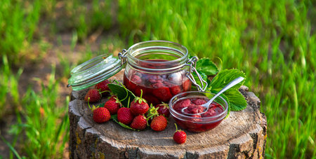 Strawberry jam in the garden. Selective focus.の写真素材