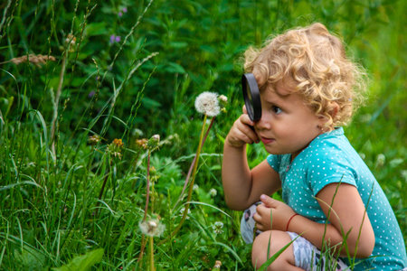 A child looks through a magnifying glass in nature. Selective focus. Kid.の写真素材