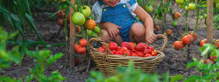 A child is harvesting tomatoes in the garden. Selective focus. Kid.の写真素材