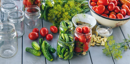 Preserving tomatoes in jars. Selective focus. Food.の写真素材