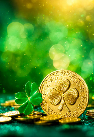 Coins and clover for St. Patricks Day. Selective focus.の素材