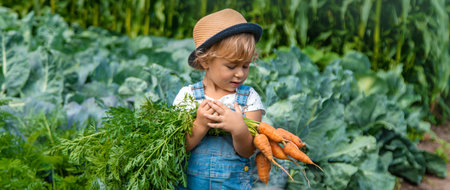 A child harvests carrots and beets in the garden. Selective focus. Nature.の写真素材