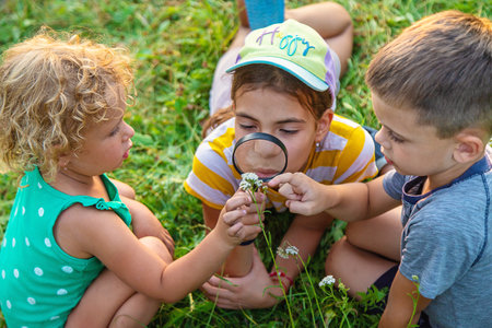 Children look through a magnifying glass together at the plants in the garden. Selective focus. Kid.