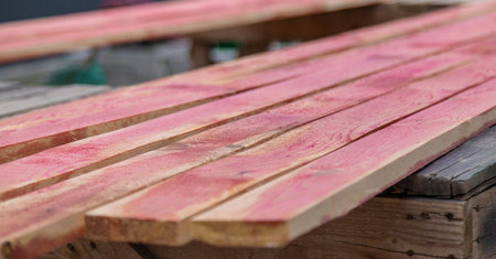 A man treats a board with a red antiseptic. selective focus. Nature.の写真素材