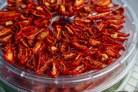 Sun-dried tomatoes are prepared for the winter. selective focus. Food.の写真素材