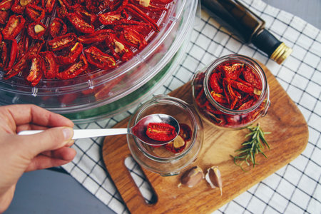 Sun-dried tomatoes are prepared for the winter. selective focus. Food.の写真素材