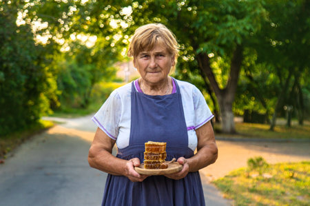 An elderly woman holds honey in her hands, selective focus. People.の写真素材