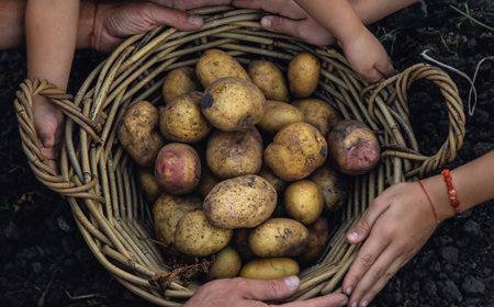 Potato harvest in the garden in hands. selective focus. food.の写真素材