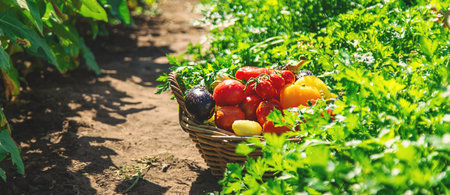 Harvest different vegetables in the garden. Selective focus.
