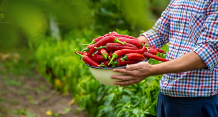 Farmer harvesting chili peppers in garden. Selective focus.の写真素材