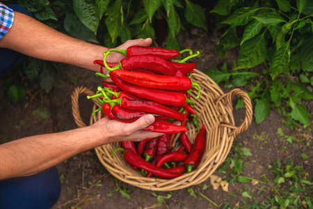 Farmer harvesting chili peppers in garden. Selective focus.の写真素材