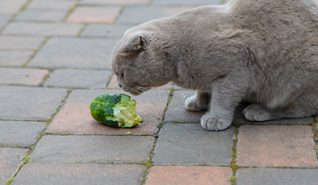 The cat eats a cucumber. Selective focus. animal.の写真素材