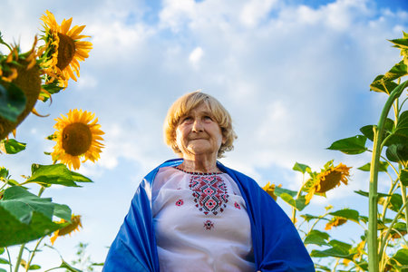 An old woman in a sunflower field wearing an embroidered shirt. Selective focus.の写真素材