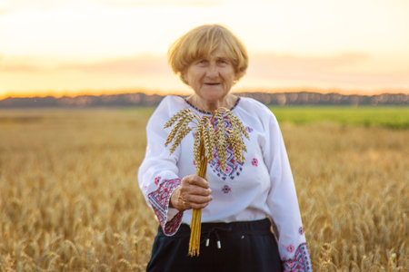 Woman in a wheat field wearing an embroidered shirt. Selective focus.の写真素材