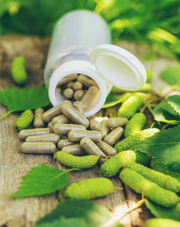 birch buds extract and supplements. Selective focus.の写真素材