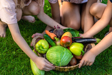 A harvest of vegetables in the hands of children. Selective focus.