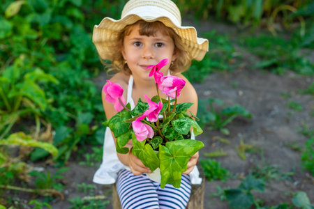 A child plants flowers in the garden.の写真素材