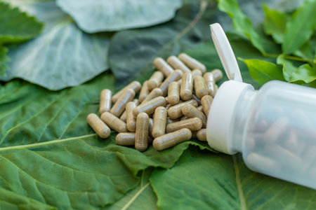 Various herbal supplement capsules. Selective focus.