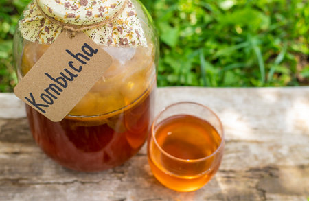 Kombucha in a jar at home. Selective focus.の写真素材