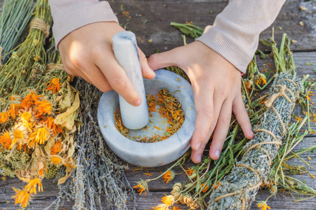 Woman with dried medicinal herbs. Selective focus.