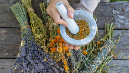 Woman with dried medicinal herbs. Selective focus.の写真素材