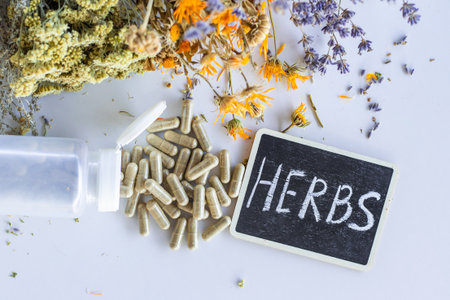 Dried medicinal herbs and flowers. Selective focus.の写真素材