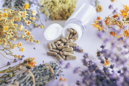 Dried medicinal herbs and flowers. Selective focus.