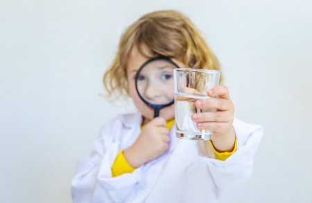 A child examines water with a magnifying glass. Selective focus.の写真素材