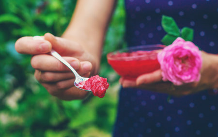 Rose petal jam in the garden. Selective focus.の写真素材