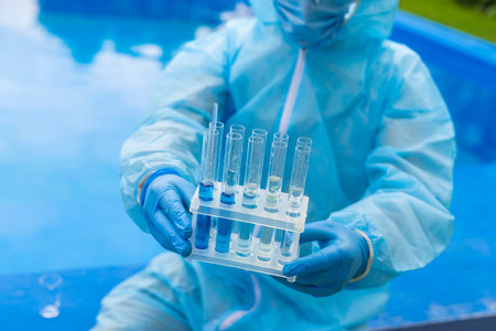 Check the pool water analysis. Selective focus.の写真素材