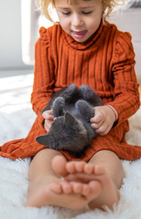 Child playing with kittens at home. Selective focus.の写真素材