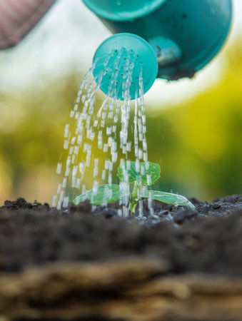 watering a plant in the garden. Selective focus.の写真素材