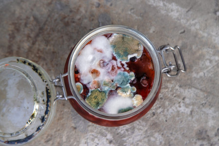 The jam in the jar is moldy. Selective focus.の写真素材