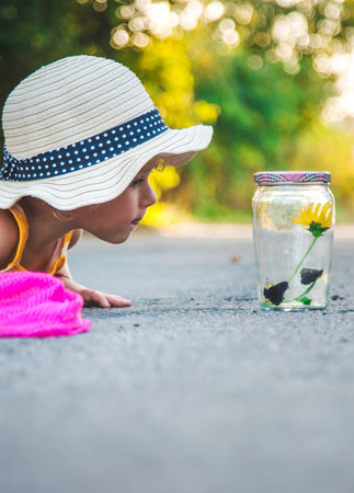 A child observes a butterfly in a jar. selective focus.の写真素材