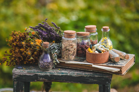 Dried medicinal herbs on the table. Selective focus.の写真素材