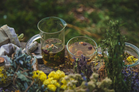 Tea from medicinal herbs. Selective focus.の写真素材