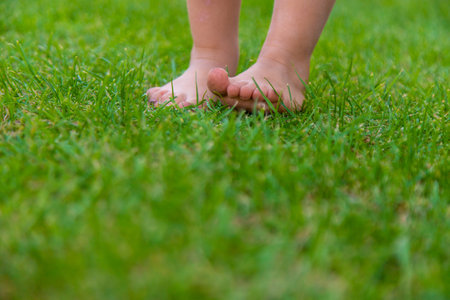 Child feet on the grass. Selective focus.の写真素材