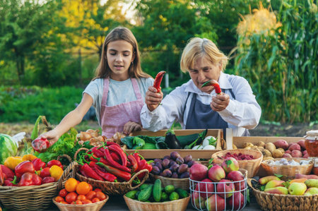 Grandmother and granddaughter sell vegetables and fruits at the farmers market. Selective focus.の写真素材