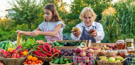 Grandmother and granddaughter sell vegetables and fruits at the farmers market. Selective focus.の写真素材