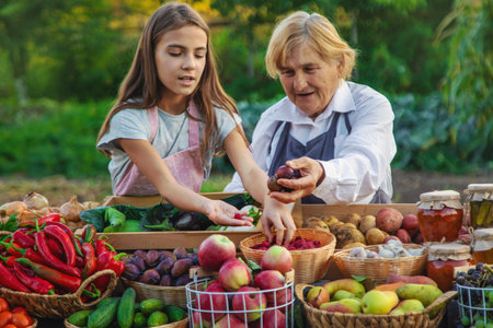 Grandmother and granddaughter sell vegetables and fruits at the farmers market. Selective focus.の写真素材