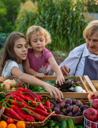 Grandmother and granddaughter sell vegetables and fruits at the farmers market. Selective focus.の写真素材
