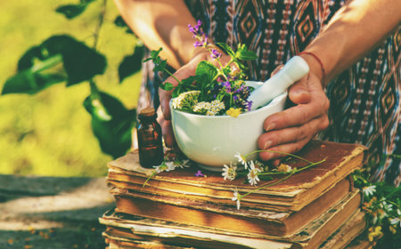 Medicinal herbs homeopathy and alternative medicine. Selective focus.の写真素材