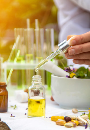 Medicinal herbs homeopathy and alternative medicine. Selective focus.