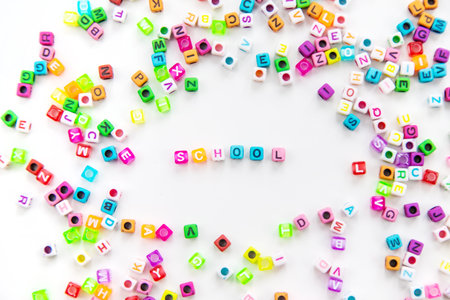 Child cubes and the word school. Selective focus.の写真素材