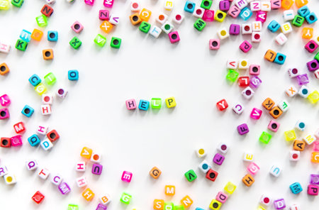 Child cubes and the word help. Selective focus.